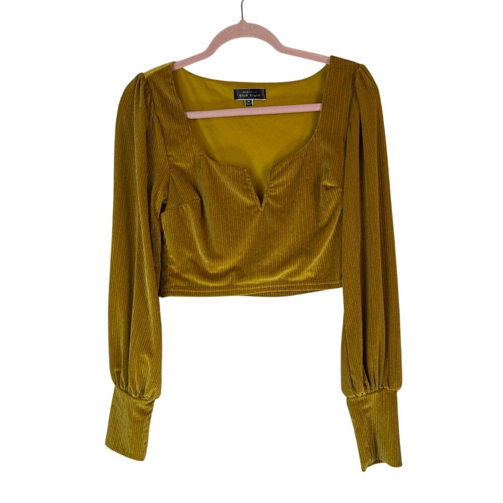 Blue Blush Mustard Yellow Long Balloon Sleeves Textured Velvet V-neck Top Size M